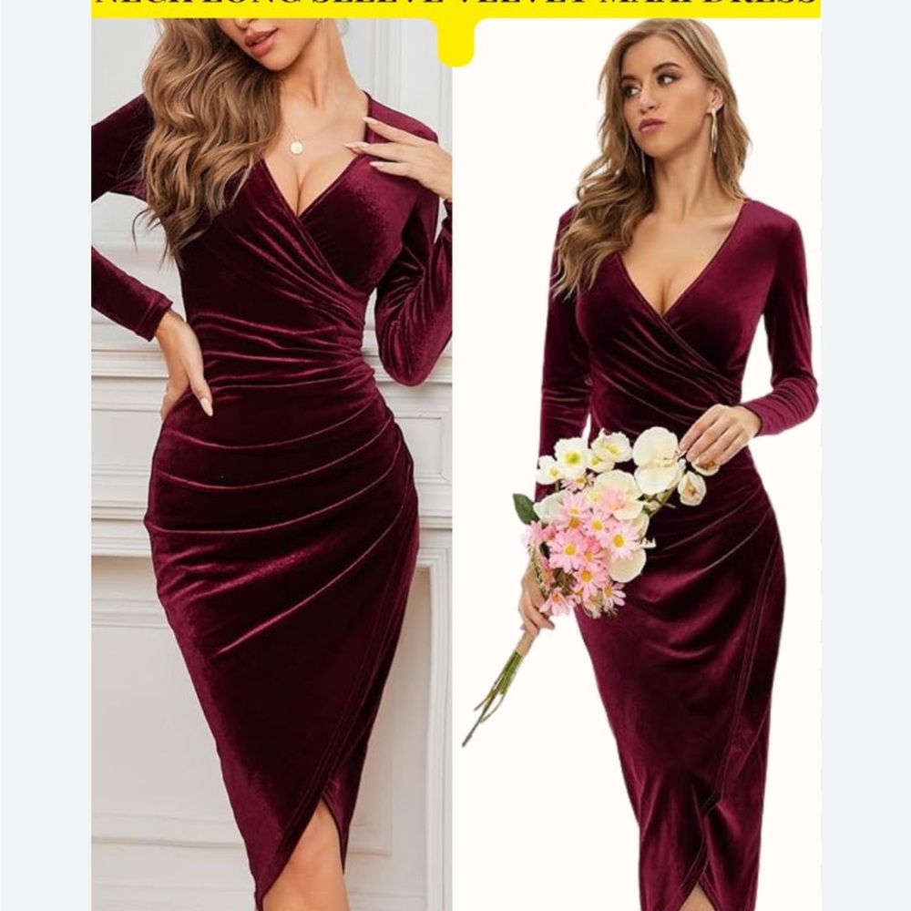 DIRASS Burgundy Velvet Ruched Midi Dress XL Cocktail Party Dress